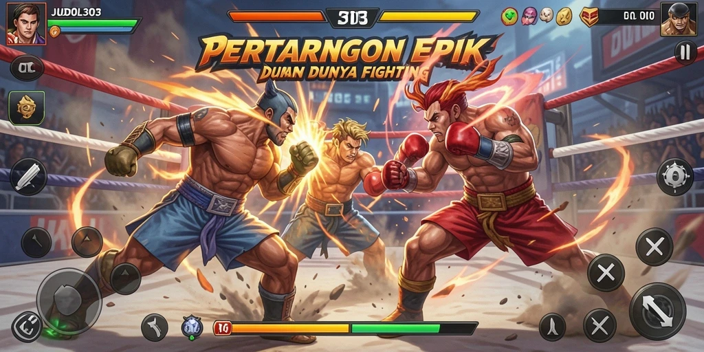 Gameplay JUDOL303 menampilkan pertarungan yang intens dan seru.
